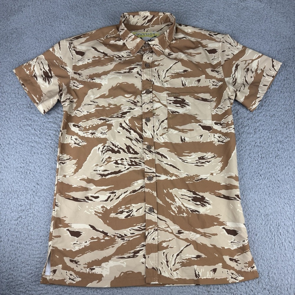 Warrior Shirt Mens S Brown Tiger Camo Desert‎ Short Sleeve Button Front Stretch